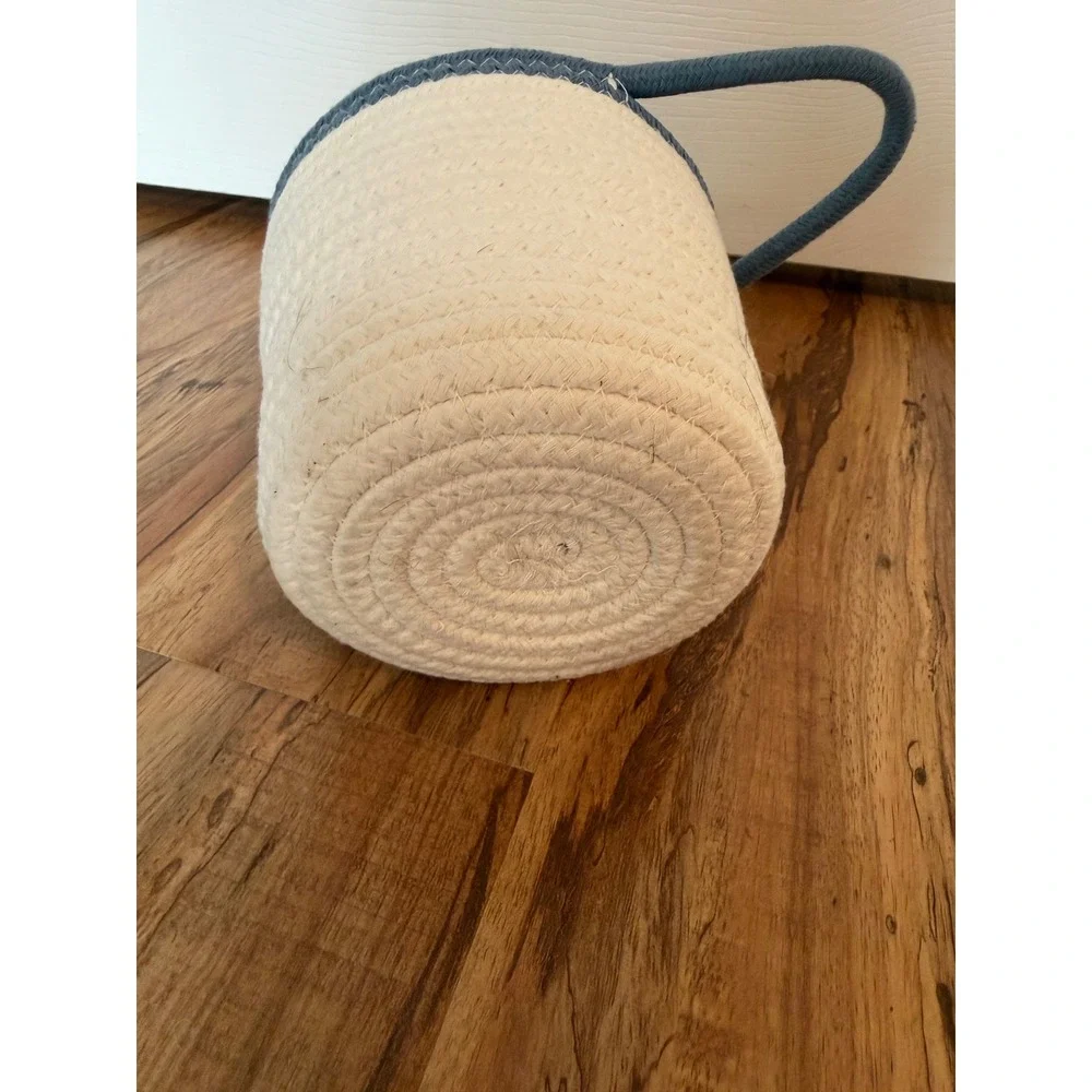 Handmade Cotton Rope Hanging Basket Cream Blue Coiled Woven Storage Decor 6in